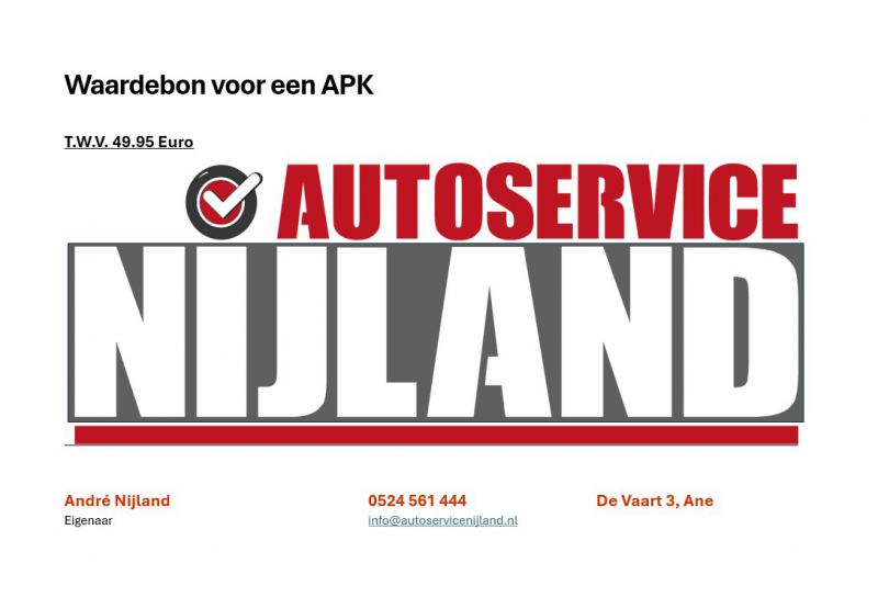 [686] Waardebon voor een APK keuring voor de auto, aangeboden door Autoservice Nijland