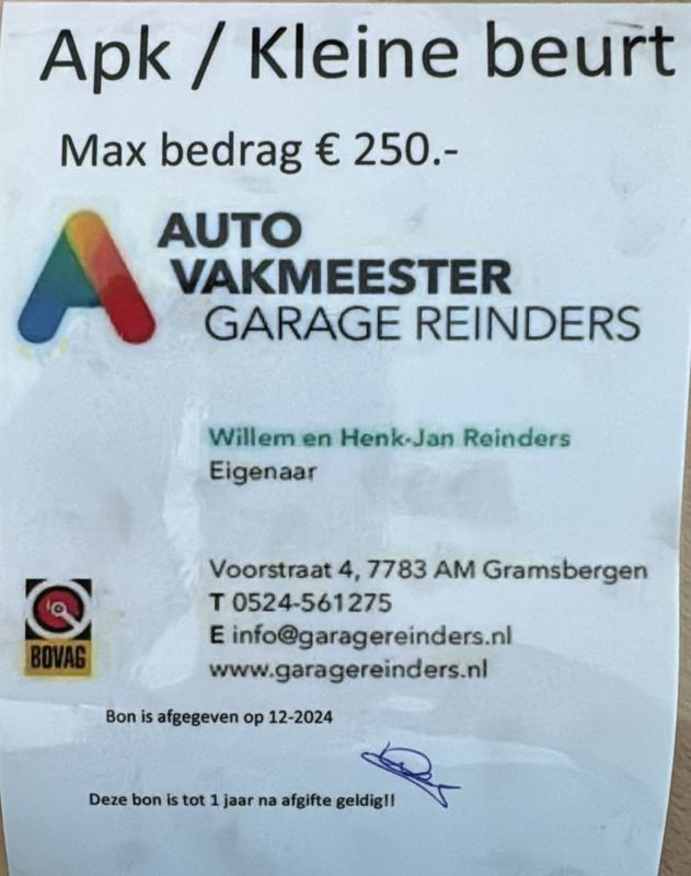 [687] Waardebon voor een APK met Kleine Beurt bij Garage Reinders Gramsbergen