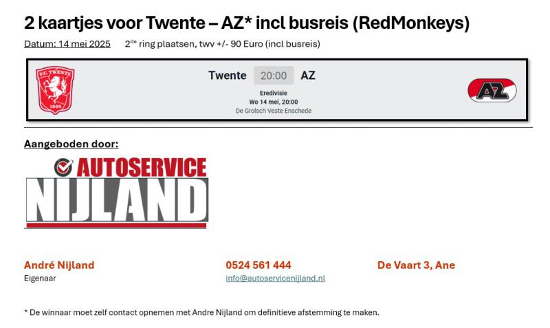 [951] 2 kaartjes voor FC Twente - AZ Alkmaar incl busreis (RedMonkeys)